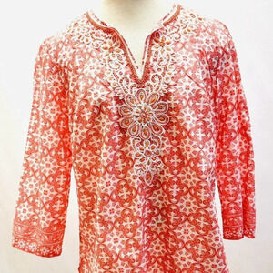 CHARTER CLUB Women Long Sleeve Pull Over V-Neck Beaded Orange Shirt Size Small